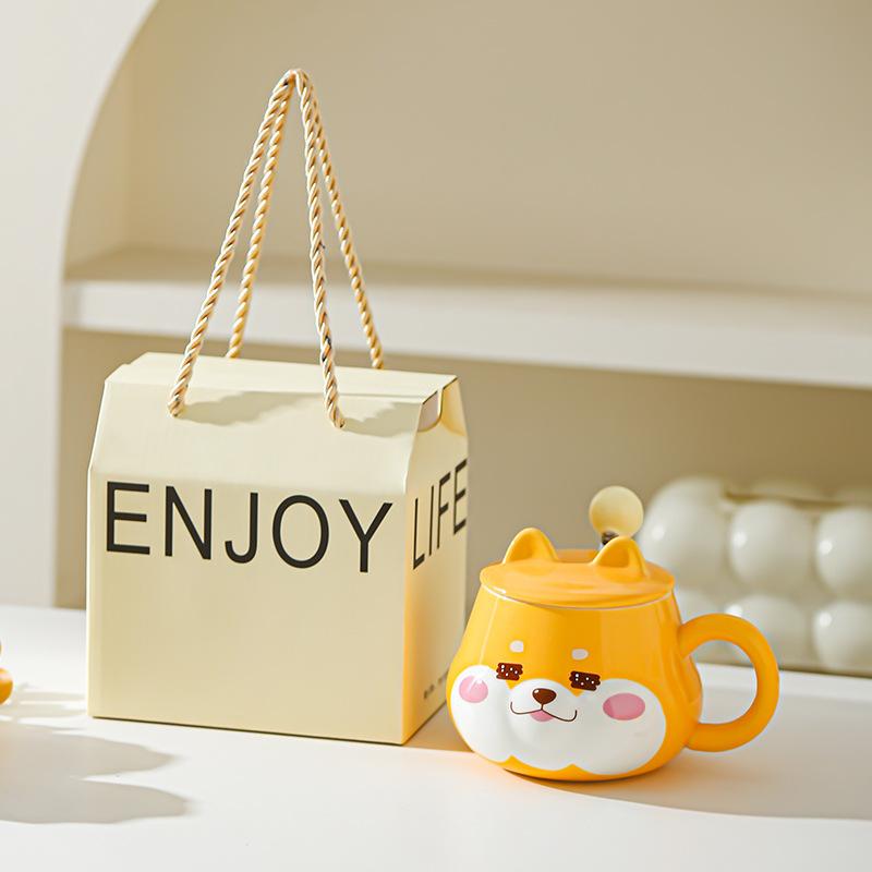 Roztomilý keramický hrnek na vodu Super roztomilý Shiba Inu Kreativní hrnek na vodu s víčkem Vysoký vzhled Narozeninový dárek Pár Domácí kancelářský hrnek