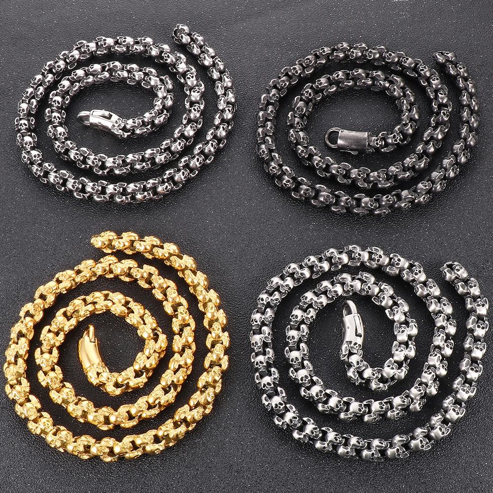 Punk Gothic Herren Halskette mit allen Totenkopfköpfen Gliederkette Massiver Edelstahl Skelett Schmuck 50-70CM Lange Halsketten Halsband für Männer