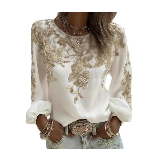 Women Tops Round Neck Long Sleeve 3D Digital Flower Printing Tee Shirt Retro