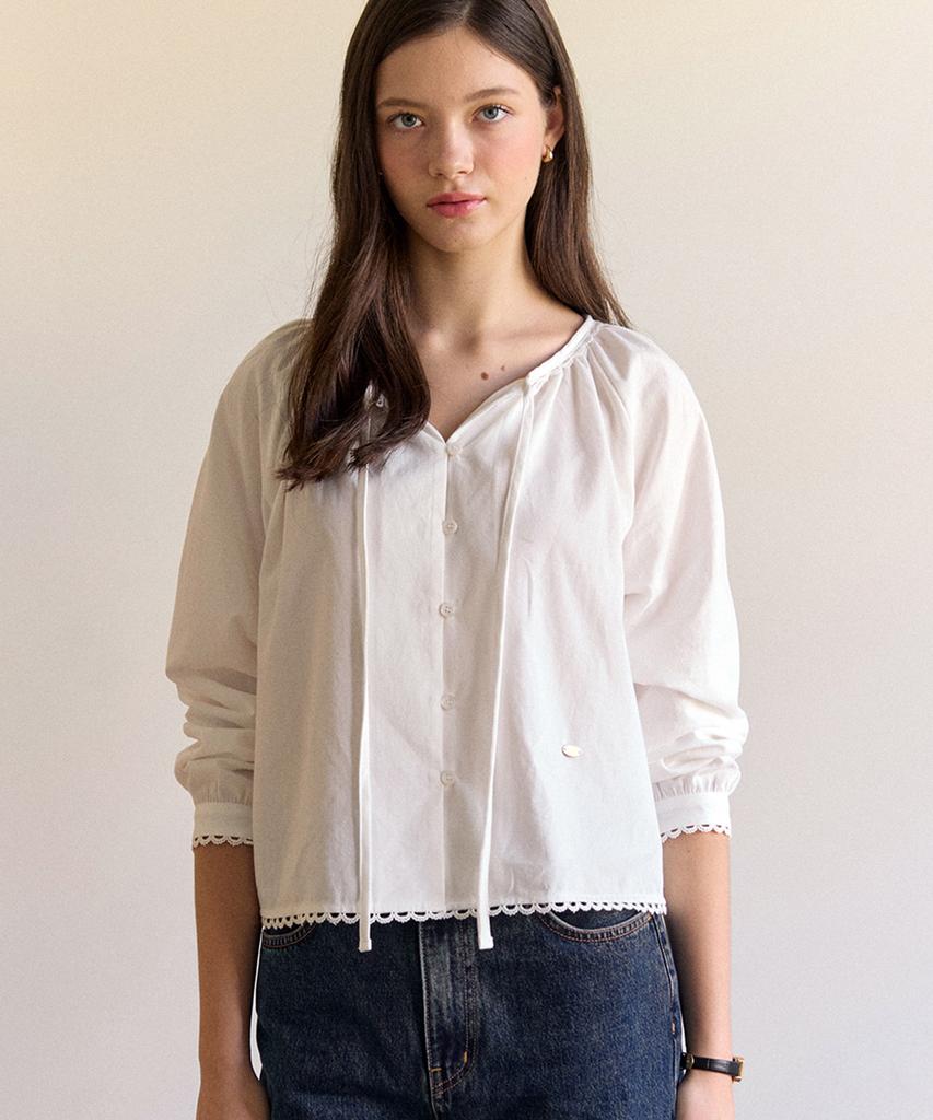 OURHOPE Peach Ribbon Shirring Blouse - Ivory