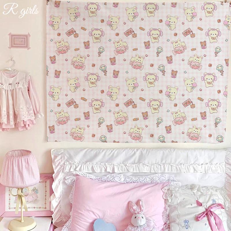 Cute Cartoon Bear Tapestry Pink Striped Wall Hanging for Kawaii Bedroom Decor Background Cloth