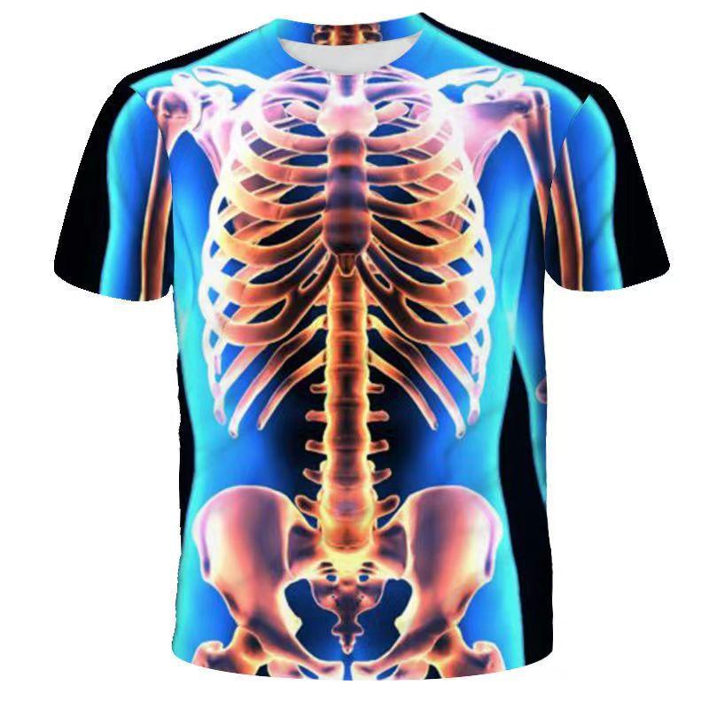 Diagrama do Esqueleto de Órgãos Camiseta Masculina de Gola Redonda Solta com Estampa Digital 3D Nova