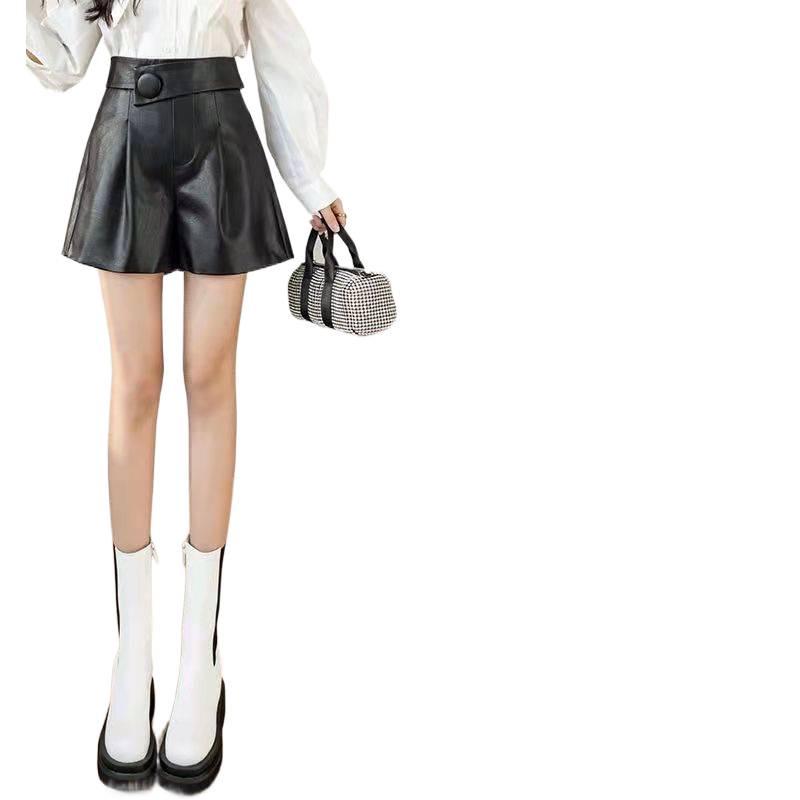 Korean PU Leather High-Waisted Wide-Leg A-Line Bootcut Shorts - Women's Versatile Autumn/Winter Casual Outerwear.