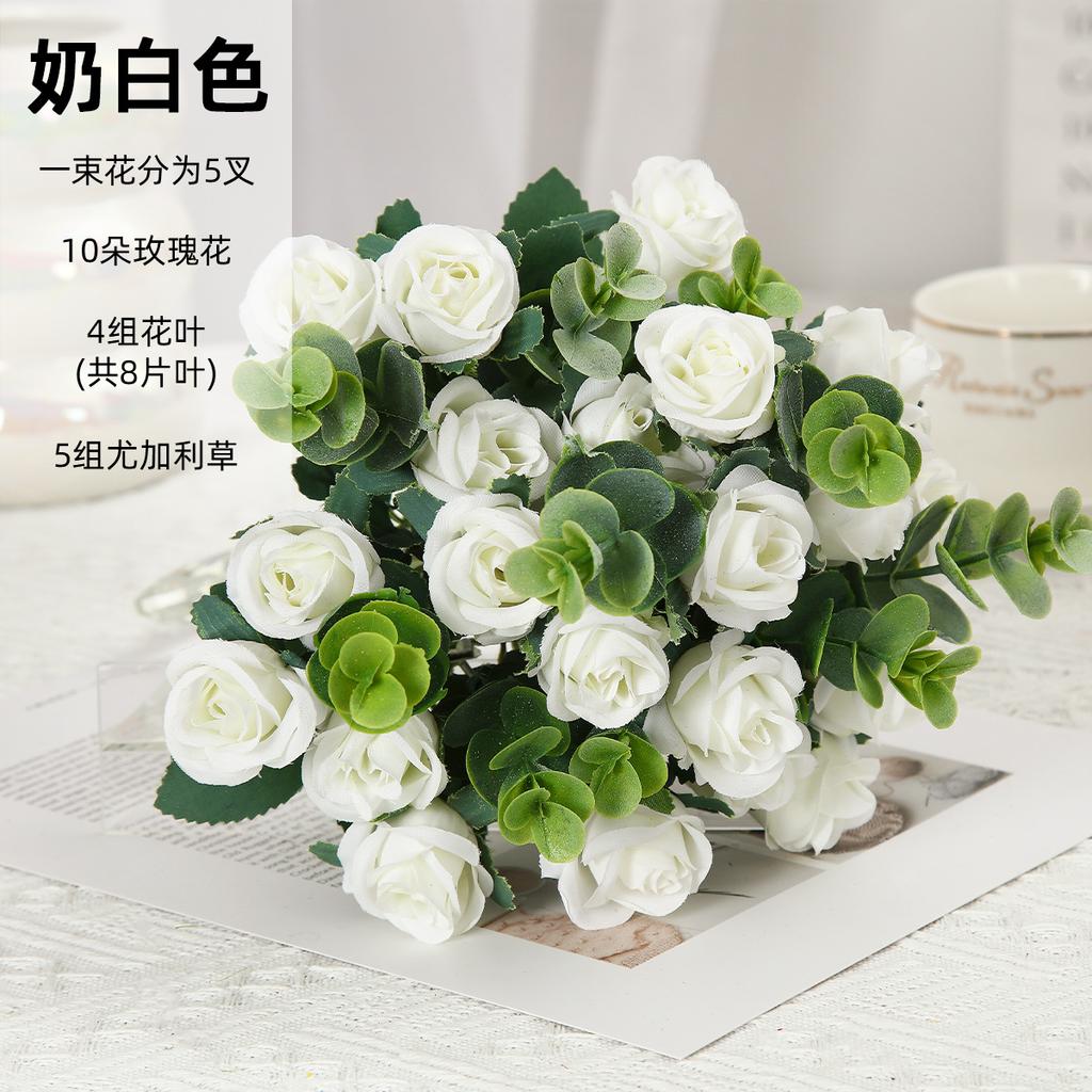 Artificial Bouquet Small Handle Rose Eucalyptus Leaves Home Decor Living Room Decoration Wedding Garden Simulated Flowers