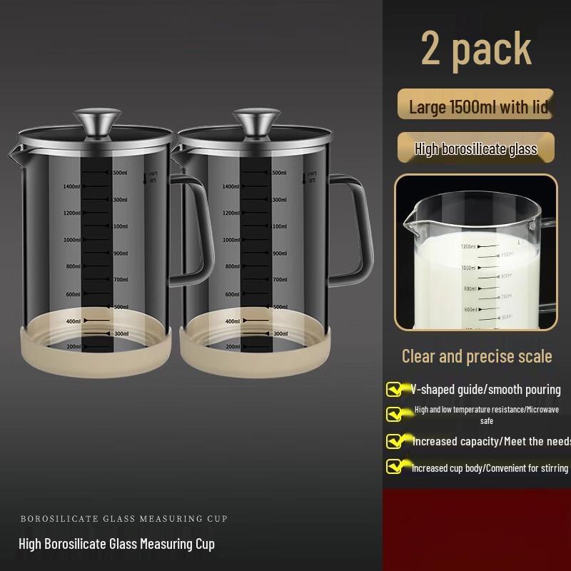 Glass Measuring Cup with Lid and Scale - 1500ML (Set of 2)