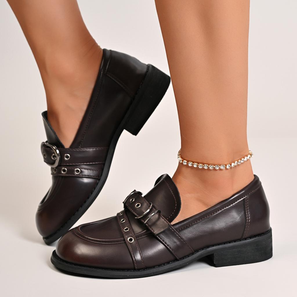 Metal Belt Buckle Decoration Loafers Women 2025 Autumn Round Toe Medium Heel Pumps Elegant Vintage Pu Solid Office Shoes