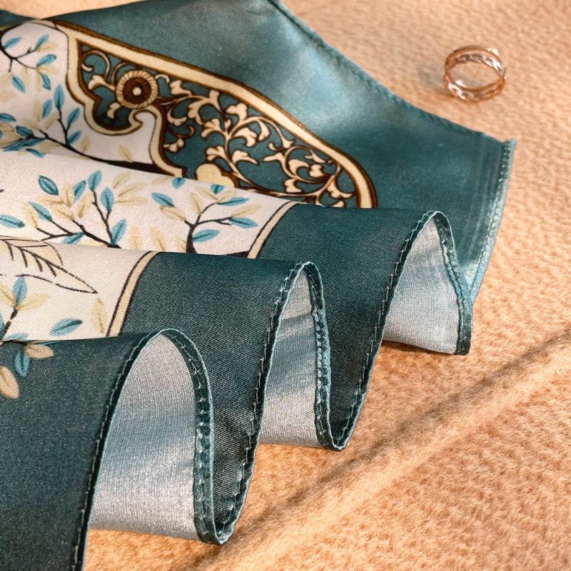 Spring new elegant green color leaf plain crepe satin silk printed silk scarf women's mulberry silk small square scarf silk gift