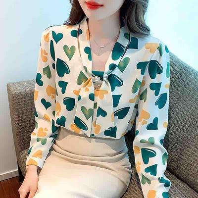 Fashion New 2024 Autumn Long Sleeve Bow Collar Casual Print Chiffon Blouse Shirt Women Tops Blouses Shirts J548