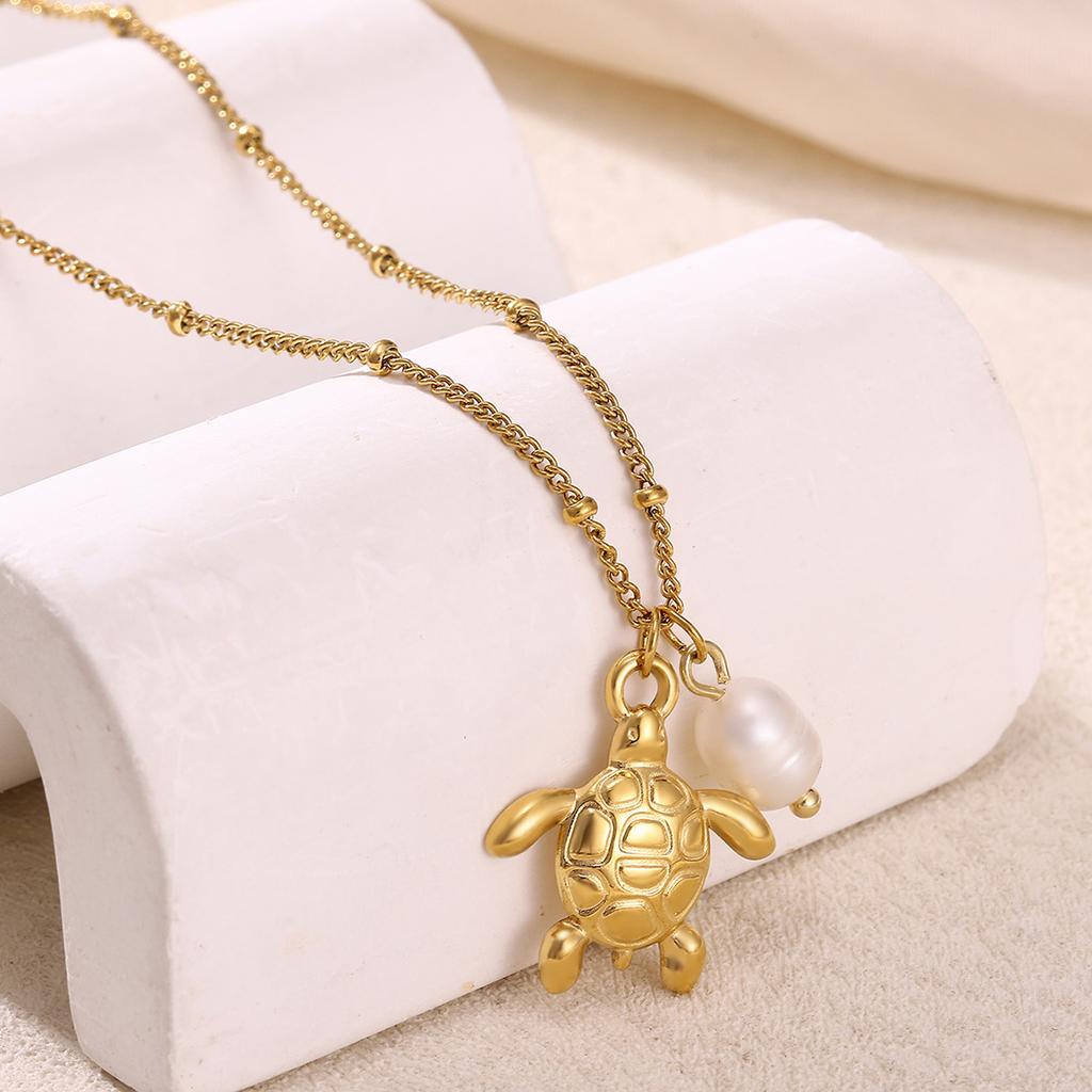Ocean Necklace Stainless Steel Waterproof For Women Exquisite Gold Color Turtle Conch Seahorse Pearls Choker Clavicle Jewelry