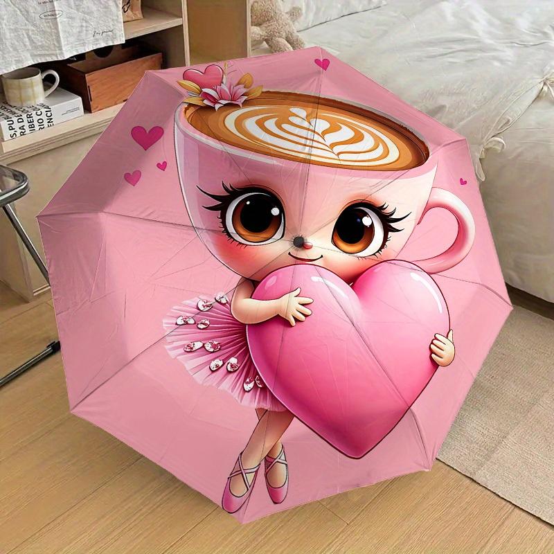 1pc Cappuccino Heart Themed Umbrella, 8 Rib Frame,Automatic Opening 3 Fold Umbrella, Lightweight and Durable Couple Umbrella-110
