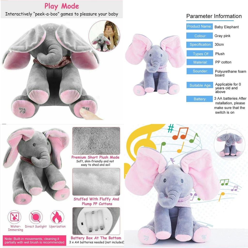 Elefant adorabil cu jocul „Peek-a-boo” și cântec, jucărie de pluș pentru bebeluși și copii, în roz și gri