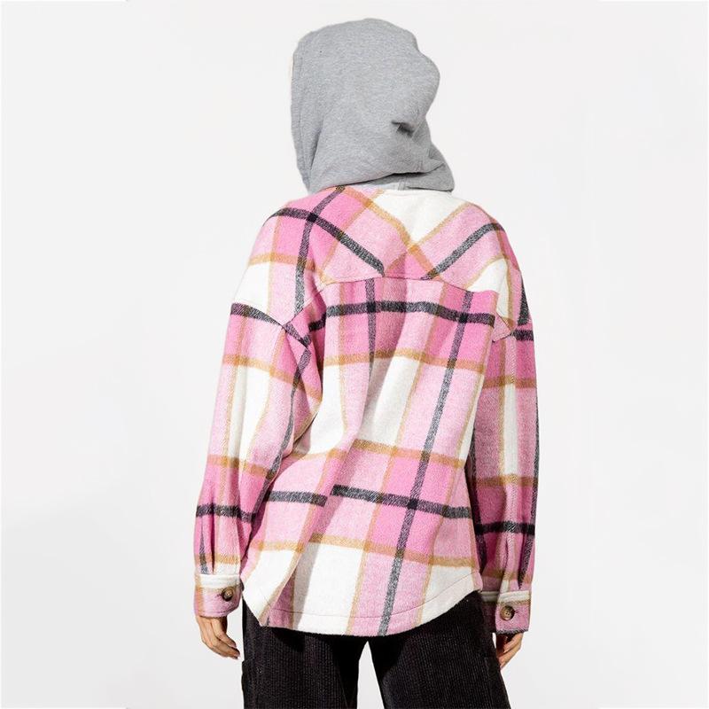 Herbst Damen Plaid Bedruckte Kapuze Patchwork Langarm Lose Tweed Jacke