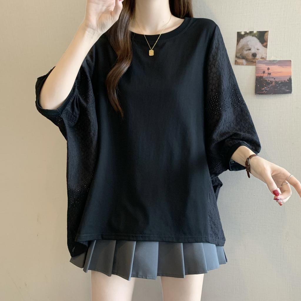 Dimanaf 2025 New Summer Women T-Shirt Short Sleeve Lace Basic Fashion O-Neck Tops Tees Casual Tees