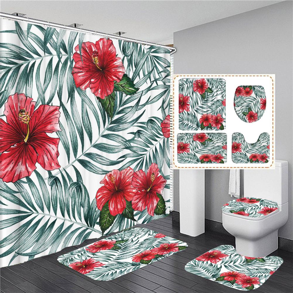 Flower Print Shower Curtain European Style Floral Waterproof Bathroom Curtains Home Decoration Non-Slip Rugs Bath Mat Set
