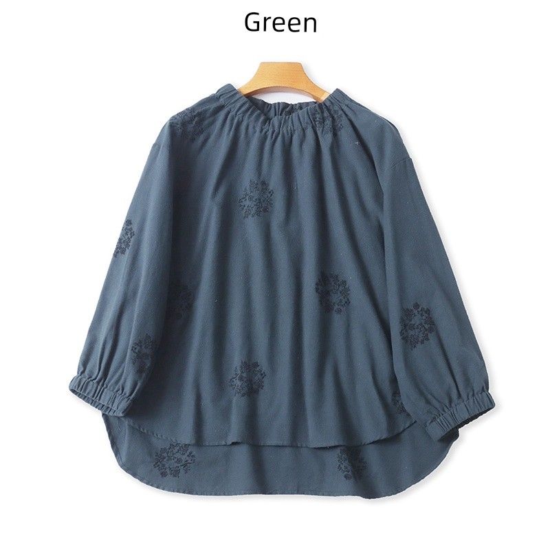 

Foreign Trade Orders Exported to Japan 100% Cotton Shirt off-Neck Western Style Versatile Loose Slimming Embroidery Design Sense Skin-friendly Top Green M