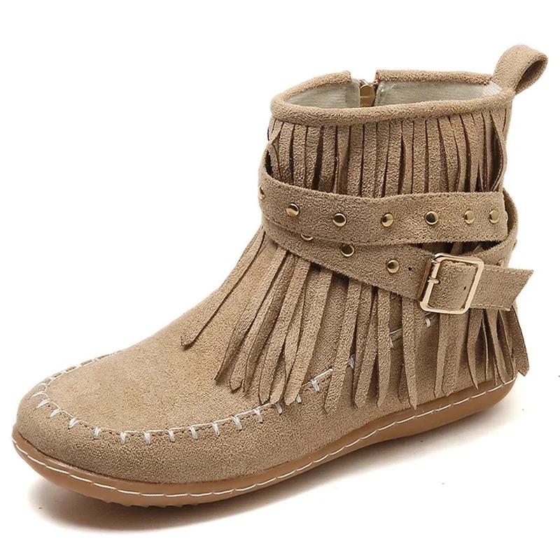 Bohemian Style Tassels Ankle Boots Women Retro Faux Suede Buckle Strap Short Boots Woman Plus Size 43 Flat Heels Western Botas