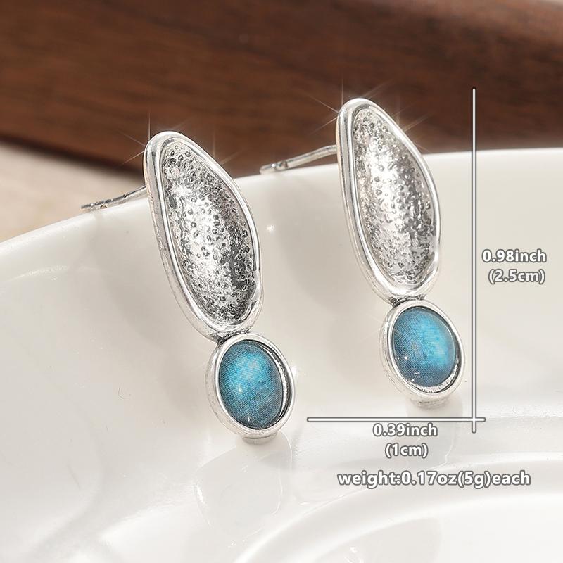 Vintage Silver Color Metal Geometric Pattern Round Blue Stone Dangle Earrings for Women Jewelry