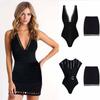 Swimsuit with Deep V Neck and Matching Skirt Set Featuring Geometric Cutout Design for Women