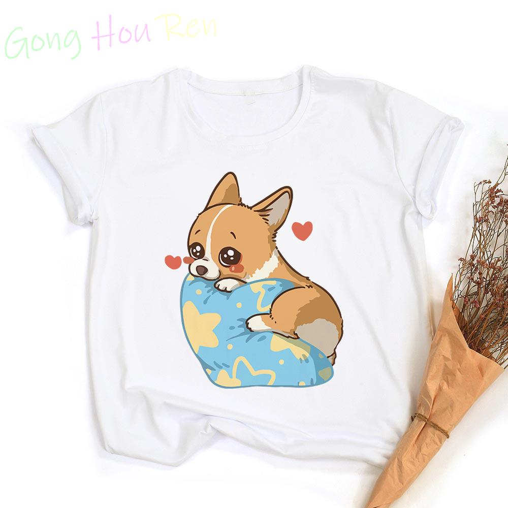 Kawaii Corgi T-shirt Woman Clothing Funny Animal Print Graphic T Shirts Tops Casual Harajuku  Women's Sumer Clothes Short Sleeve