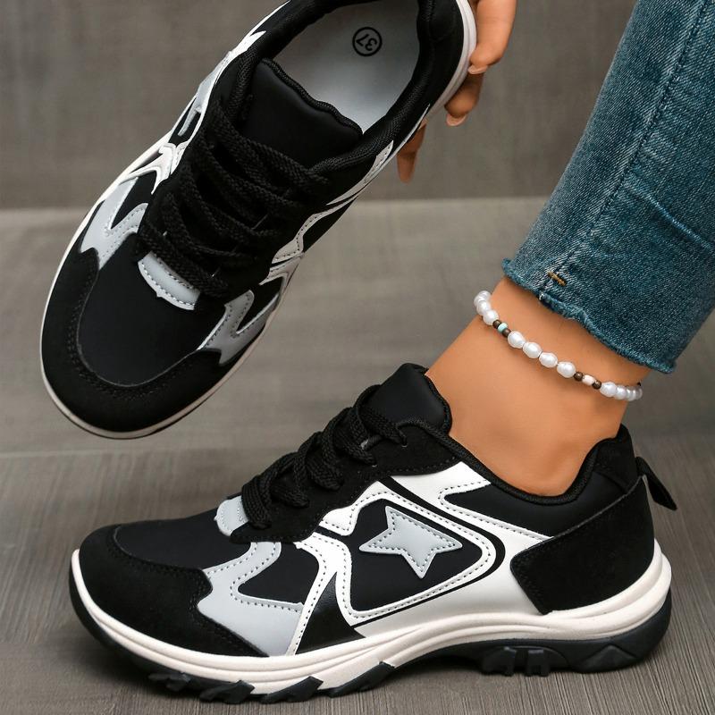 Fashion 2025 Women's Tennis Shoes Spring and Autumn New Pu Leather Splicing Lace-up Casual Sneakers Fashion Breathable Jogging Dad Shoes