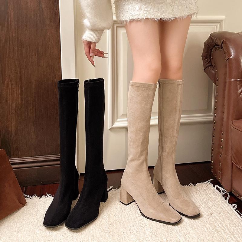 2025 Women Boots Autumn Winter Elastic Slimming Knee-High Boots Fashion Square Toe Thick Heel Shoes for Women Casual Boots