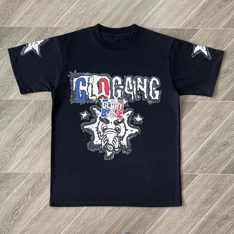 Punk Streetwear TShirt Unisex Glo Gang Front Cartoon Mask Star Graphic Loose Casual Cotton Top