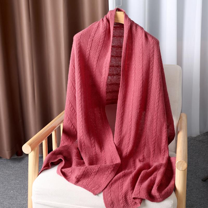 100% Wool Pattern Knitted Long Scarf For Women Winter Autumn Soft Warm Solid Color Minimalist Wrap Hijabs Dual-Use Shawls Female