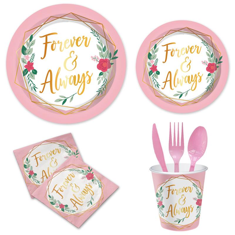 Pink Valentine'S Day Themed Party Set Flower Paper Plate Paper Cup Tablecloth Flag Wedding Arrangement