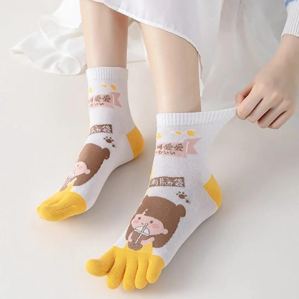 Cotton Five Fingers Women Socks Cartoon Medium Tube Socks Kawaii Split Toe Socks  For Yoga Sports