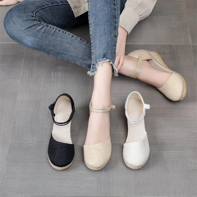 Women's Wedge Ankle Strap Sandals Spring, Summer Boho Style Solid Color Wedge Platform Sandals Woven Walking Shoes for Footwear