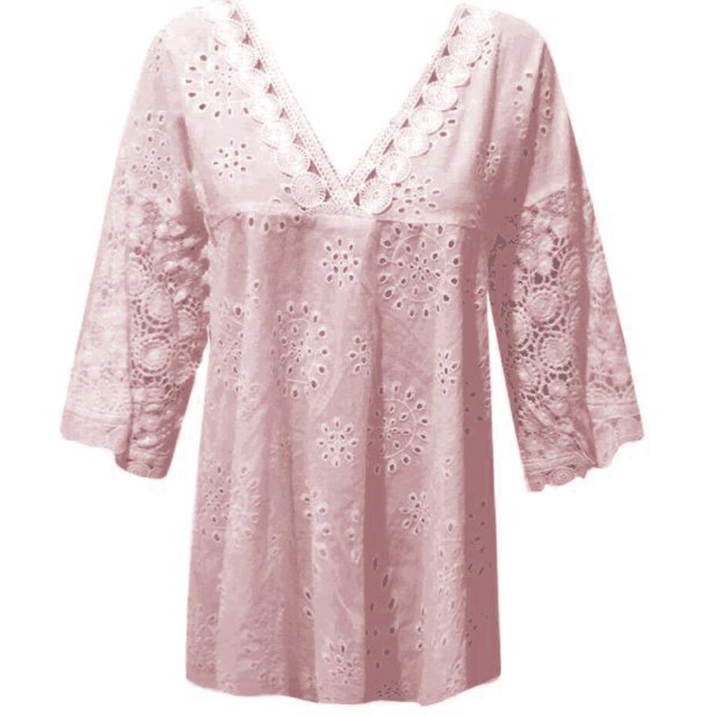 Women Half Sleeve Cotton Linen Hollow Out  Lace Patchwork T-Shirt Blouse Tops