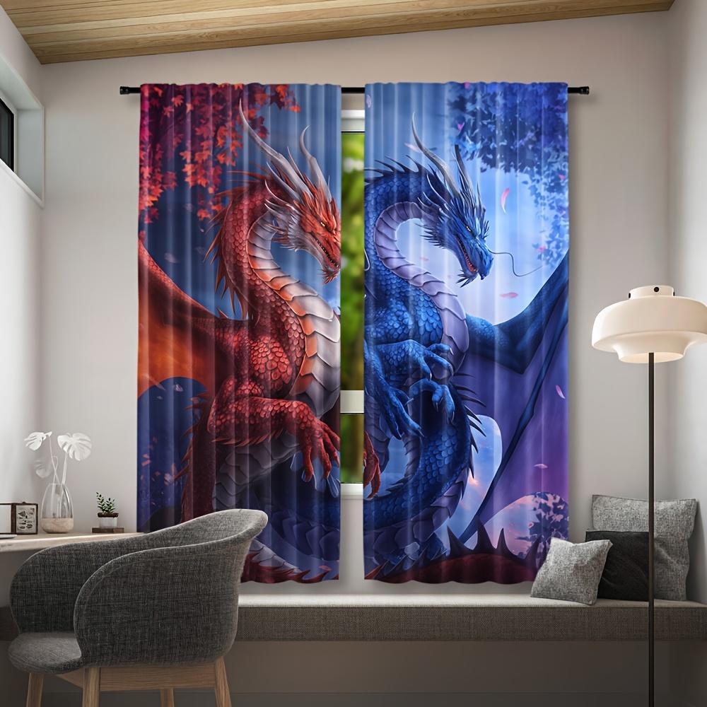 2 Stück Vorhänge mit Drachenmotiv mit Stangendurchzug   Gewebter Polyester-Pongee   Semi-transparente, walzengeprägte Vorhänge   Zeitgenössischer Stil   Maschinenw