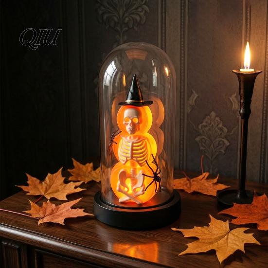 Halloween Window Display Pumpkin Skeleton Cloche Lamp, Lighted Stacking Skull in Clear Decor Dome with Witch Hat for Tabletop Mantel, Party