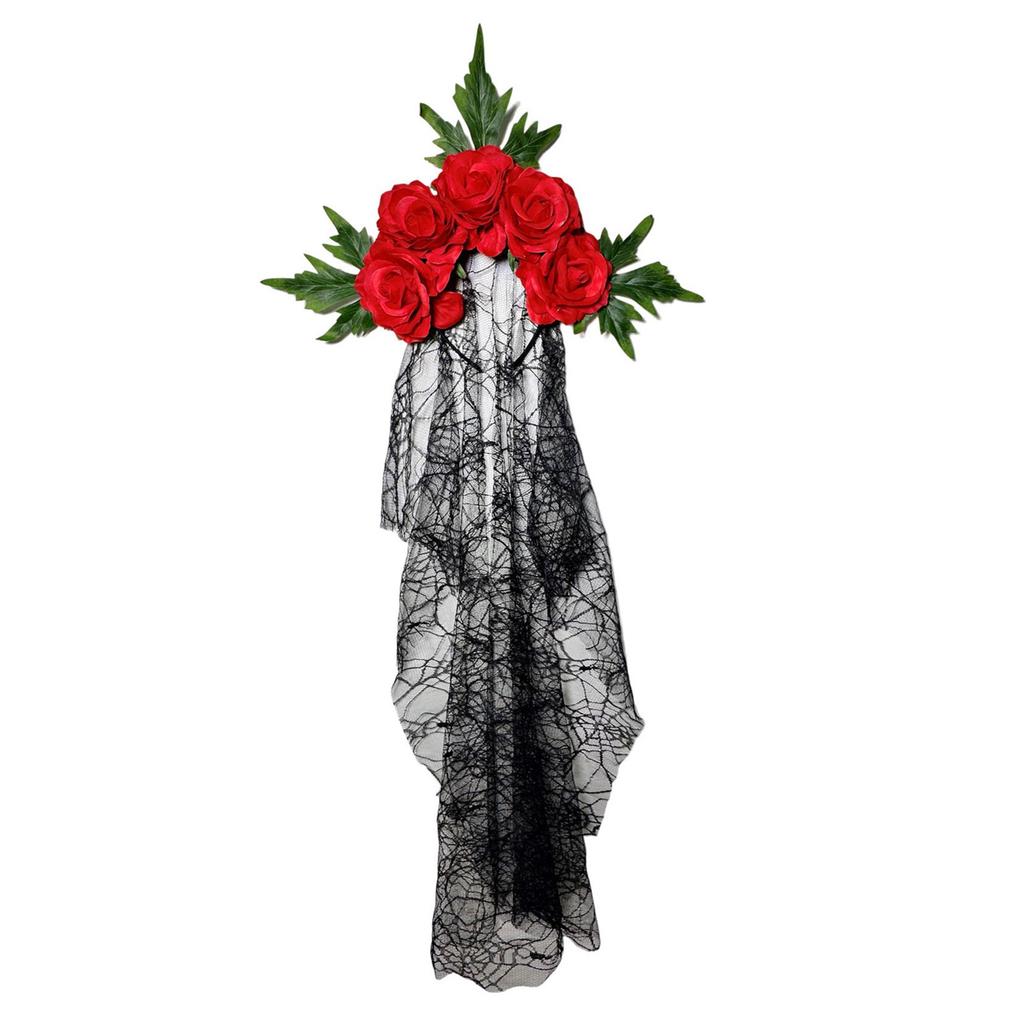Halloween Gothic Lace Veil Headband With Red Roses Cosplay Hairband For Women Kids Costume Party Accessories