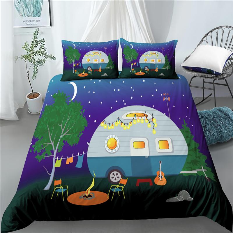 Happy Camping Dekbedovertrek Queen Cartoon Caravan Camping Beddengoedset Boerderij Stijl 3D Camper Dekbedovertrek Met Kussenslopen