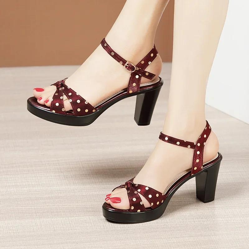 8cm 10cm Small Size 32-43 Elegant Polka Dot Shoes Summer Platform Sandals 2025 Womens Block High Heels Sandals for Office Model