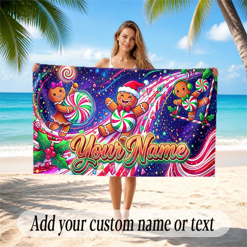 Christmas Theme Quick Dry Beach Towel Custom Name Text Print Large Sand Resistant Towel Beach Vacation