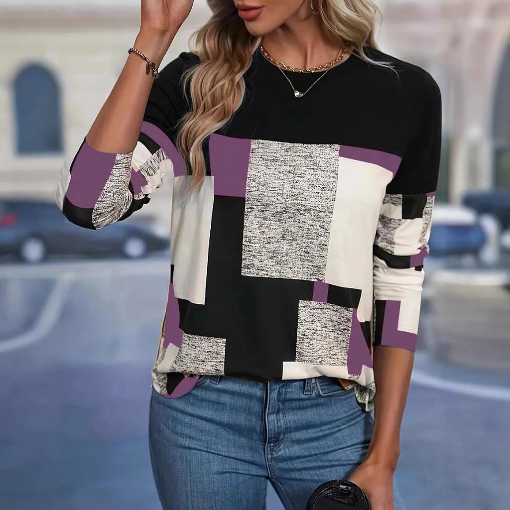 Geometric Color Block Top Women's Fashionable Contrasting Long Sleeved T-shirts