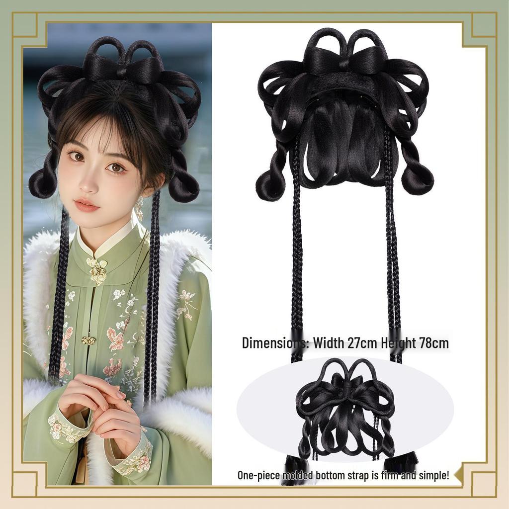 Herbst/Winter Hanfu Perücke und Pompon Stirnband Haaraccessoires Set