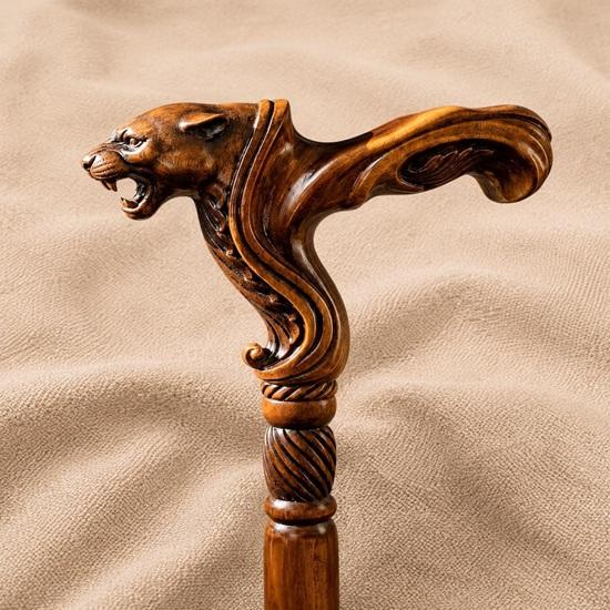 Hand Carved Panther Walking Stick Wooden Jaguar Head Cane Ergonomic Walking Aid Handmade Gift for Men Decorative Staff