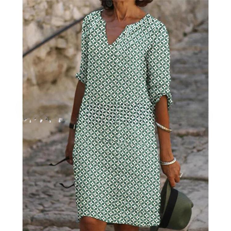 Women's Fashion Summer Spring Flower Pattern Print 1/2 Sleeves V-Neck Loose Waistline Casual Dresses