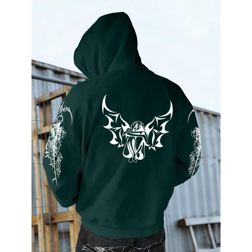 Autumn Winter Trendy Men's Vintage Streetwear Hooded Sweatshirt with Gothic Design, Featuring Demon Wings and Thorns Print on the Back