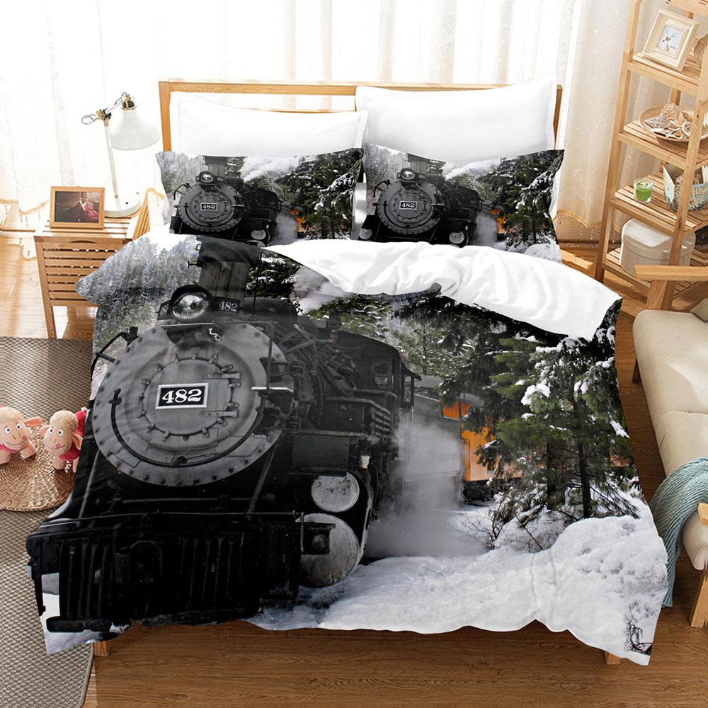 Steam Engine Duvet Cover Set Black Smoke Vintage Locomotive Train Picture King Queen Size For Kid Boy Girl Polyester Bedding Set