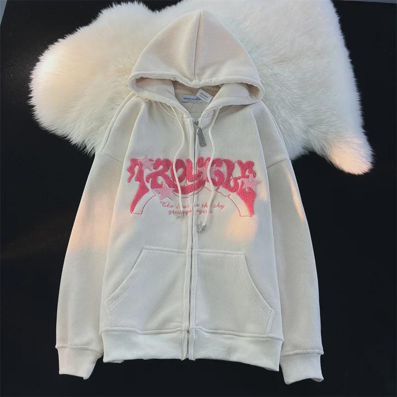 Women's Vintage Star Corduroy Hooded Cardigan - Loose Fit, Trendy Street Style for Spring and Autumn