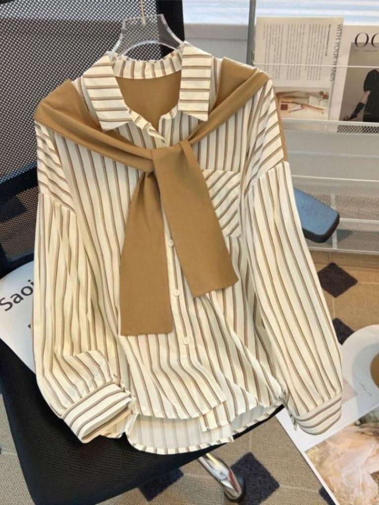 Women's Striped Patchwork Shawl Shirt - Loose, Long Sleeve, Early Spring 2026 Arrival