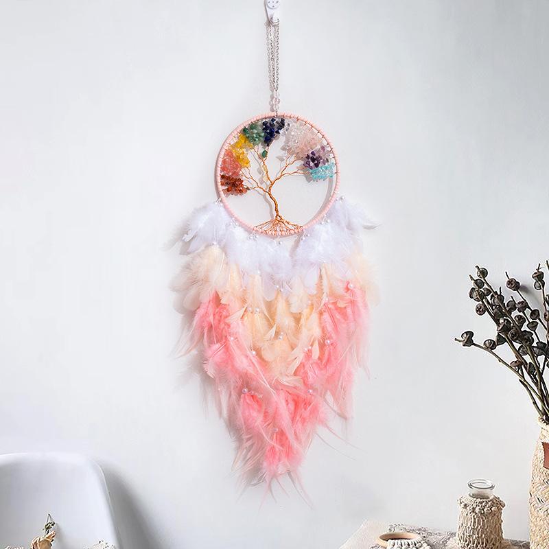 Tree of Life Dream Catcher Handmade Pink Gravel Wall Hangings Feather Craft Home Decor Wind Chimes DreamCatchers Room Decorate