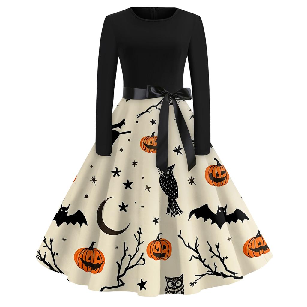 Women's Casual Halloween Print Dress Long Sleeve Round Neck Vintage Style Midi Dress with Waist Tie for Seasonal Occasion