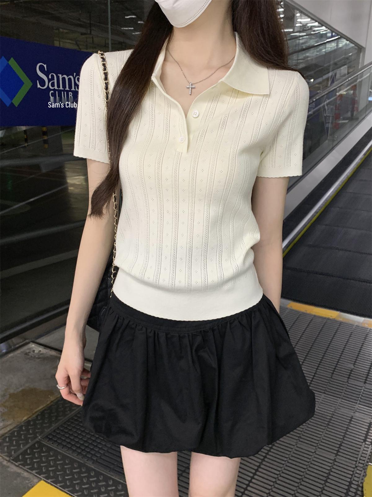 

Women s Korean Style Ice Silk Polo Collar Short-Sleeve Top One size [recommended for 40-60 kg]
