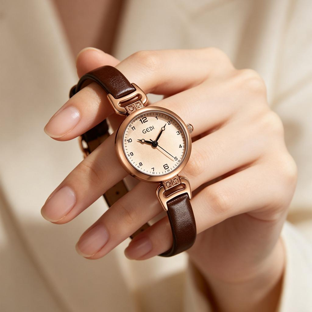 Gadi Vintage Small Round Female Quartz Wristwatch With Leather Strap For Office Wear