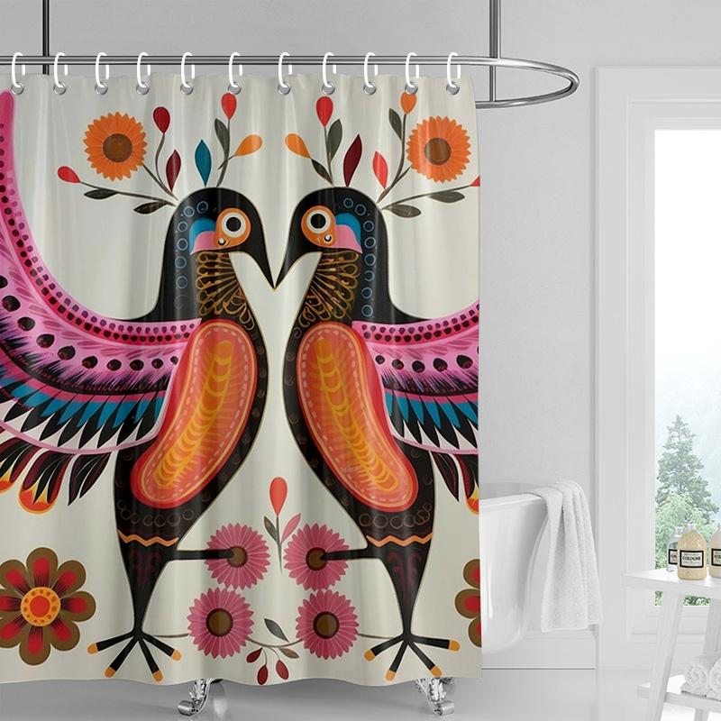 Cartoon Bienen Duschvorhang, Schwarz & Orange Streifen mit Rosa Floralem Hintergrund, Wasserdichte Badezimmerdeko für Kinder & Moderne Wohnungen